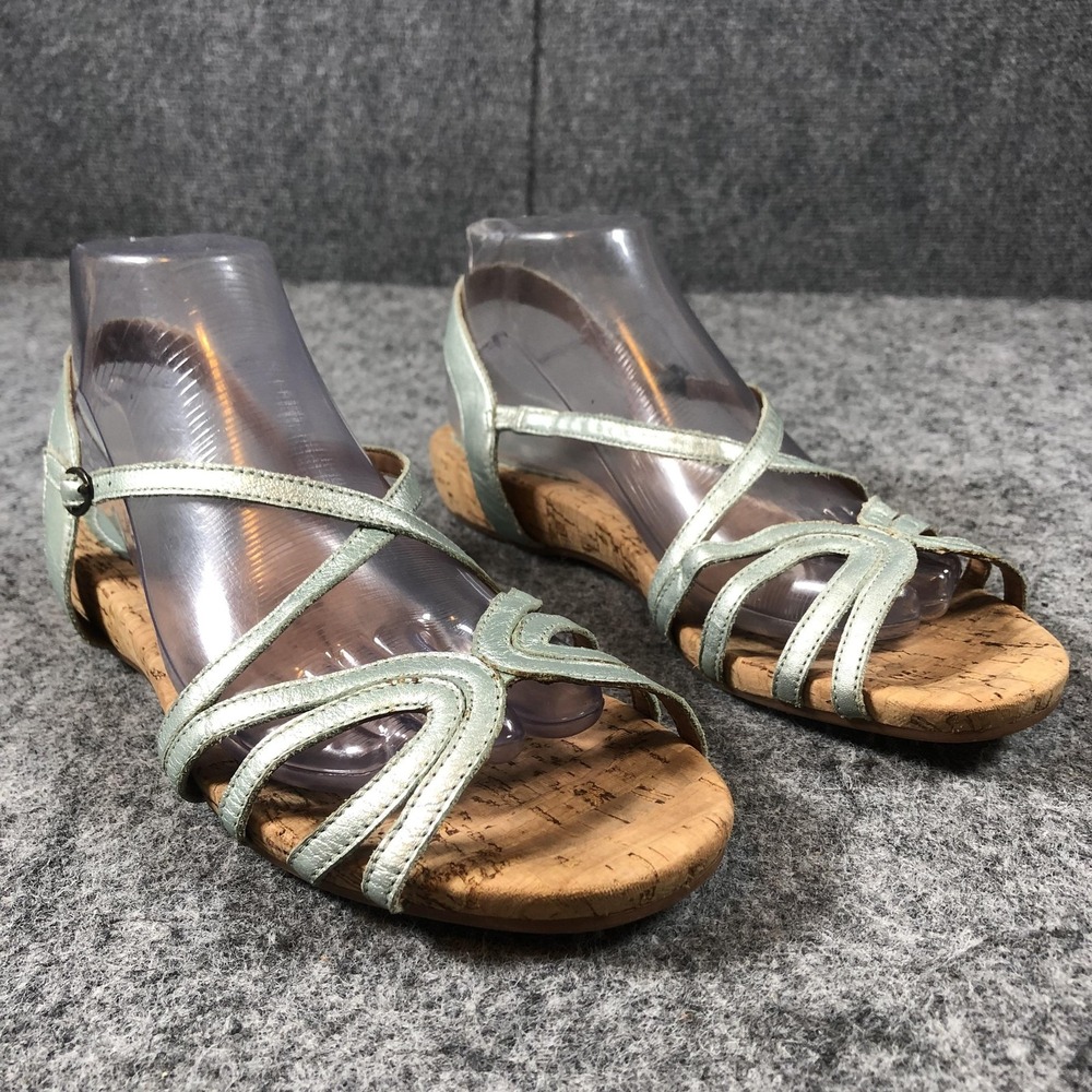 Miss Albright Metallic Green Leather Sandals Womens Size 10 B Cork Wedge Strappy